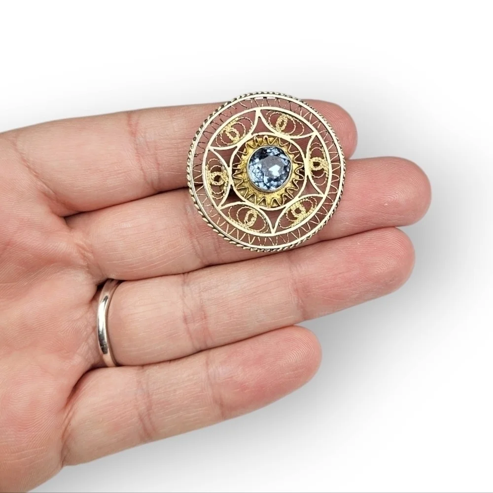 Israeli Yemeni Sterling Filigree Brooch Cannetille Gold Wash 925 Silver Vintage